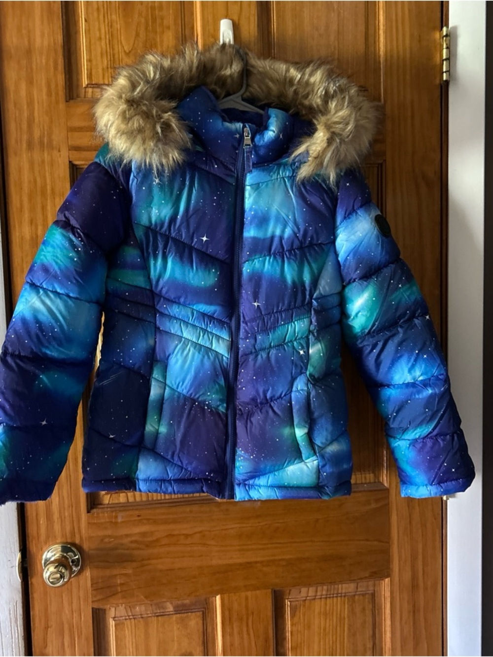 Girls' Galaxy Print Puffer Jacket with Faux Fur Hood - Blue/Teal size 14/16